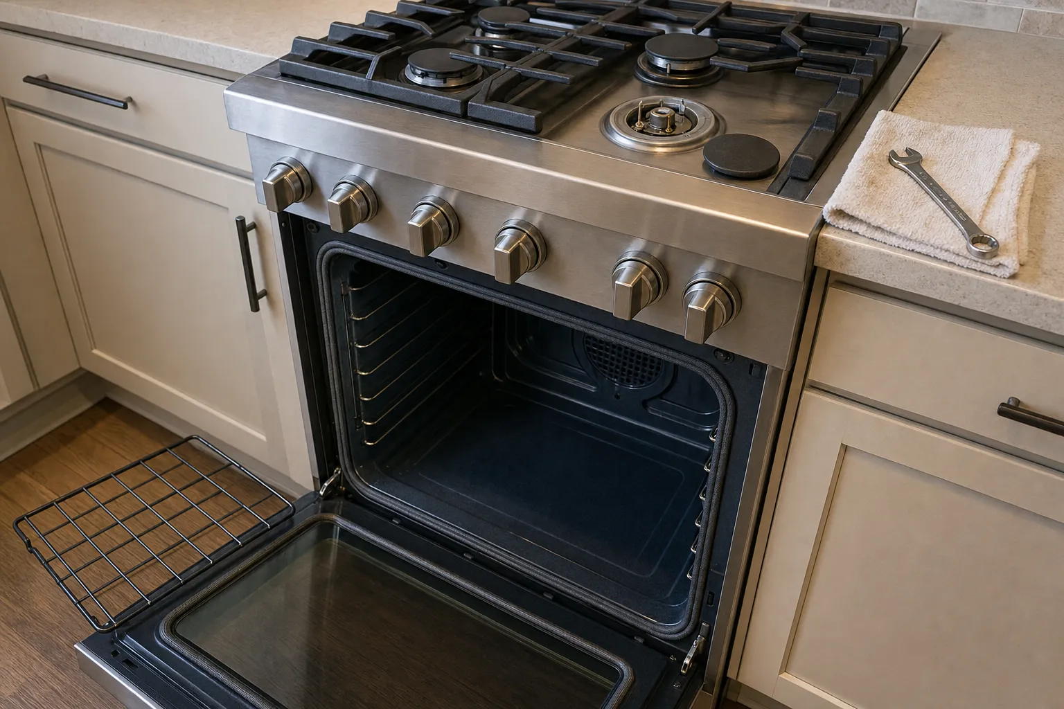 Stainless pro-style range with the oven door open in a fitted kitchen