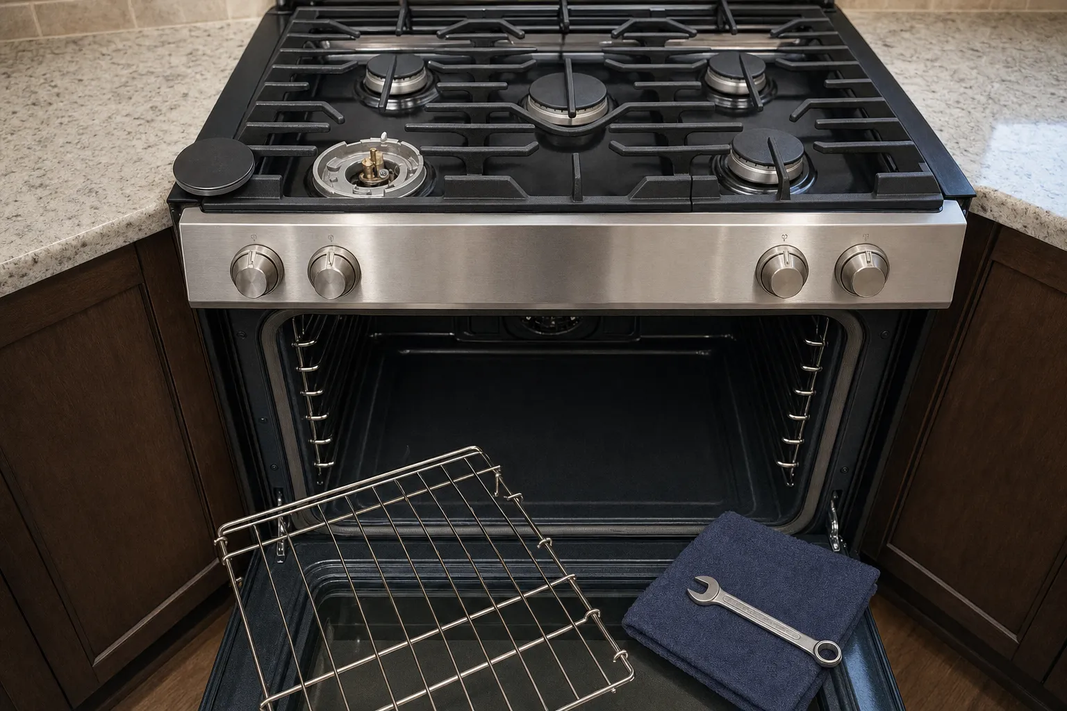 Stainless range fitted into a dark-wood corner run with the oven open and tools set out on the door