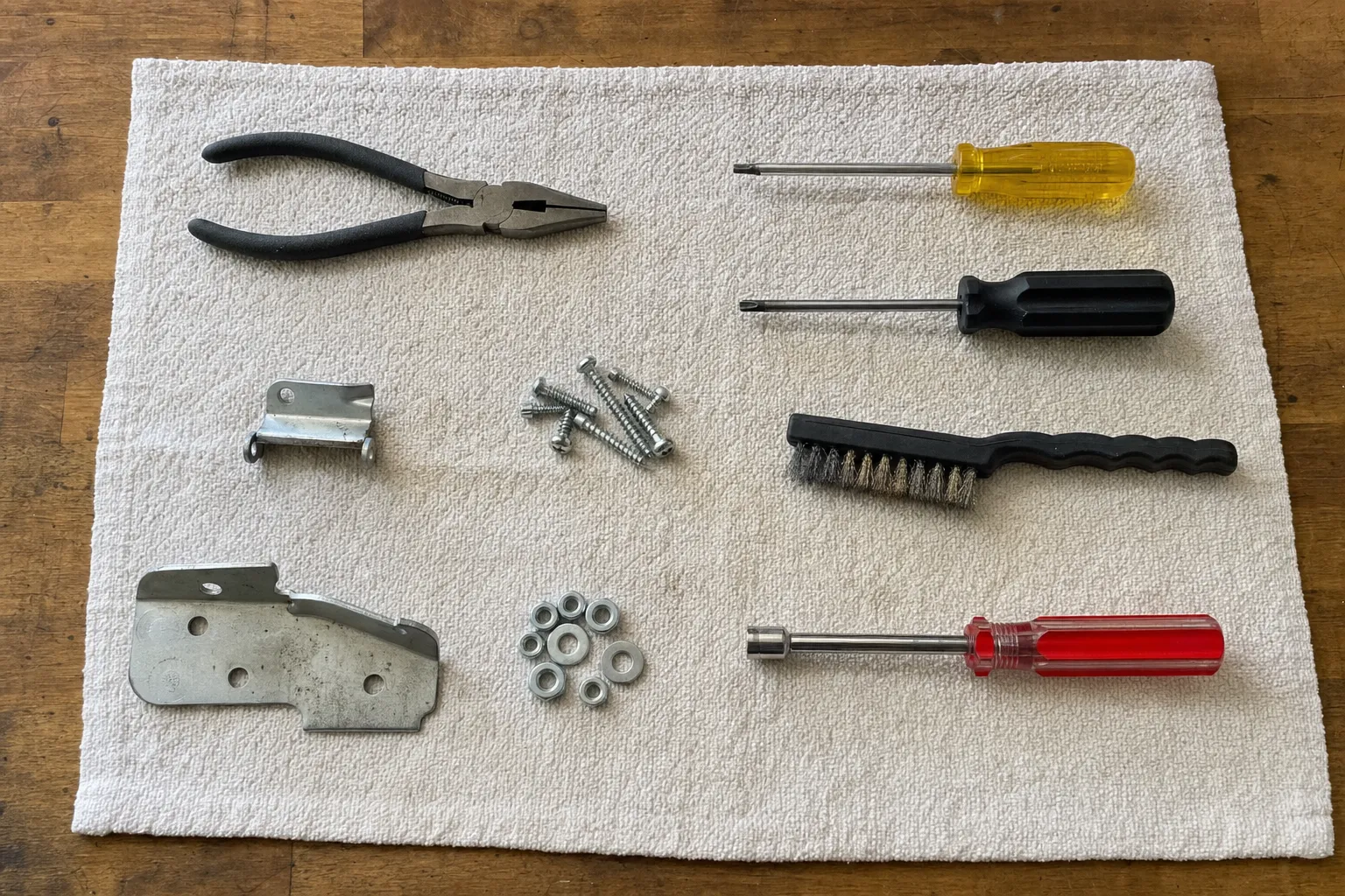 Hinge plates, screws and washers arranged on a white service cloth with hand tools