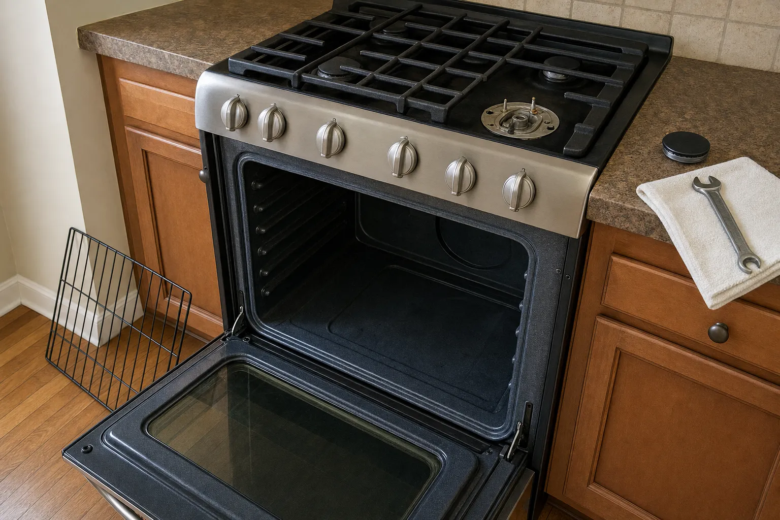 Slide-in gas range seen from above, burner caps lifted off one head and grates in place