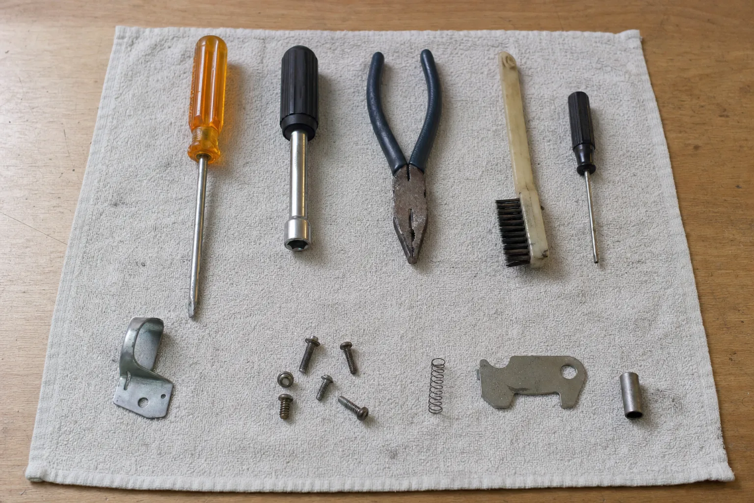 Latch assembly, spring and fixings set out on a grey cloth next to screwdrivers and a wire brush