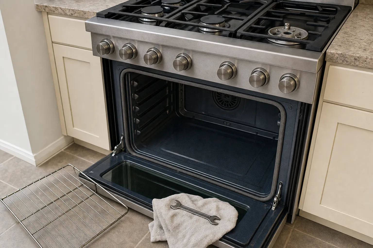 Six-burner stainless range on tile with the oven open and a wrench on a service cloth