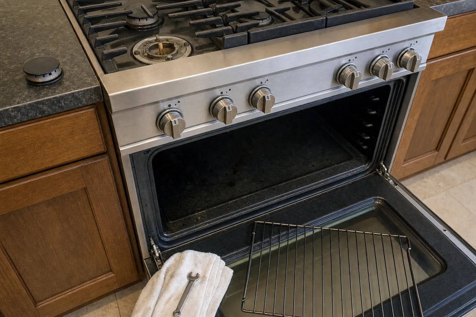 Wide gas range seen from above, one burner head uncapped with its cap on the counter, a rack and a wrench resting on the open door