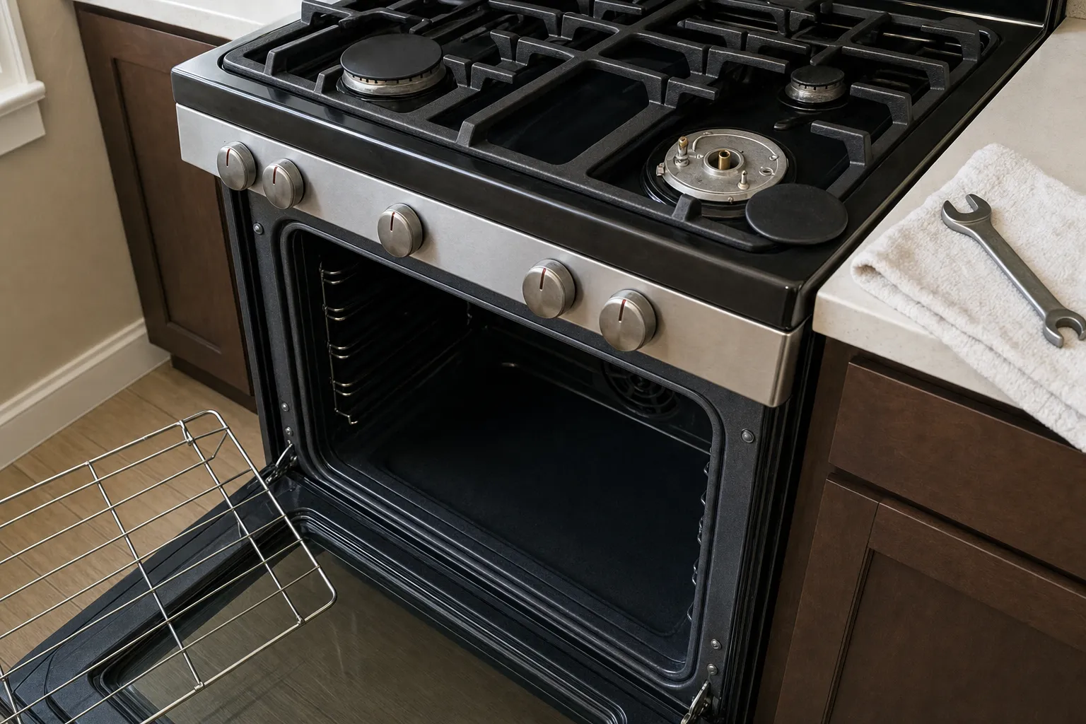 Gas range with one burner cap lifted to show the burner base and its electrode, the oven open and a rack on the floor