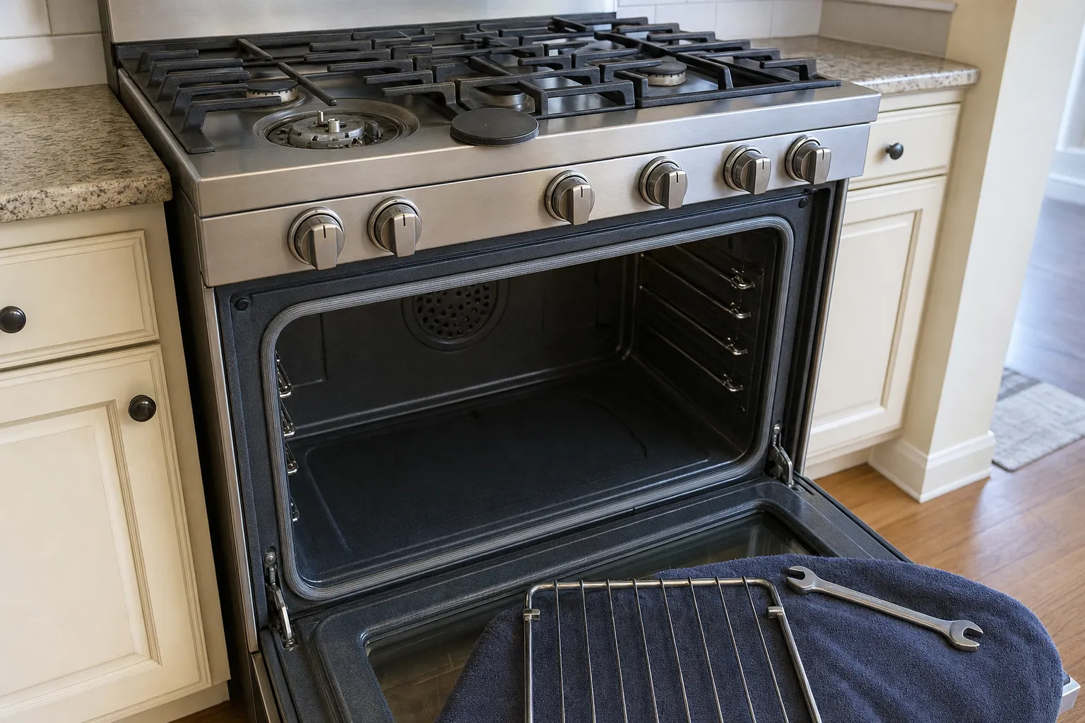 Gas range with the oven open, the door gasket and both hinge arms in view, a rack and a wrench on a navy towel across the door