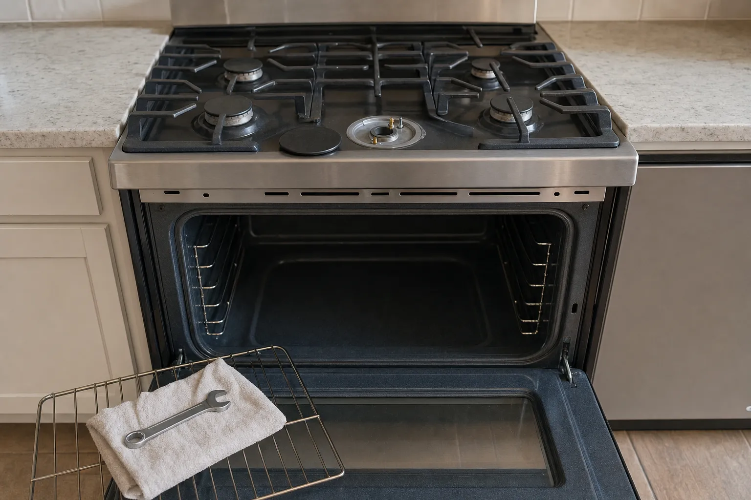 Slide-in gas range seen head-on, centre burner uncapped, oven open with a rack pulled out and a wrench lying on a towel