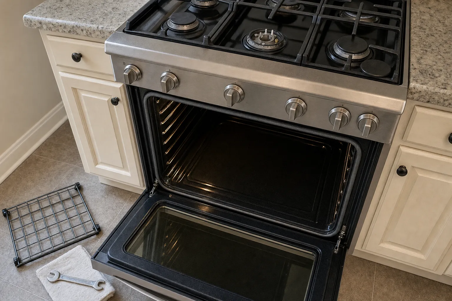 Gas range seen from above with the oven door down and both hinge arms visible, a small rack and a wrench on a towel on the tile