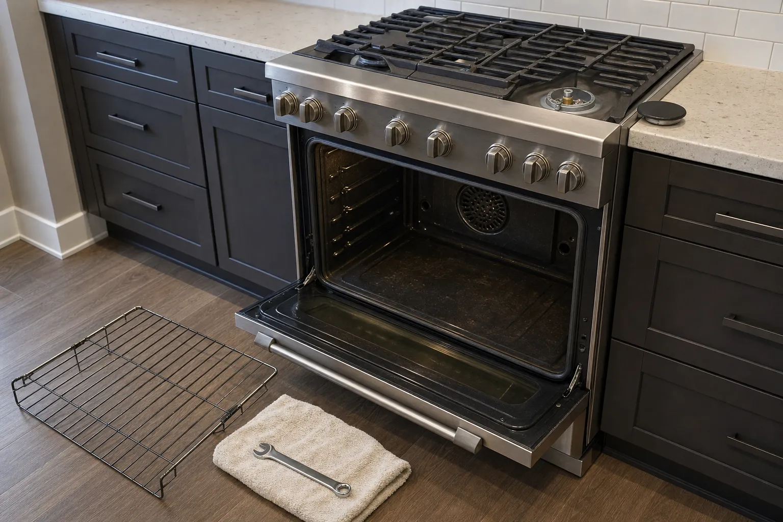 Wide gas range with the oven door and handle lowered, the convection fan cover visible, a rack and a wrench on the wood floor
