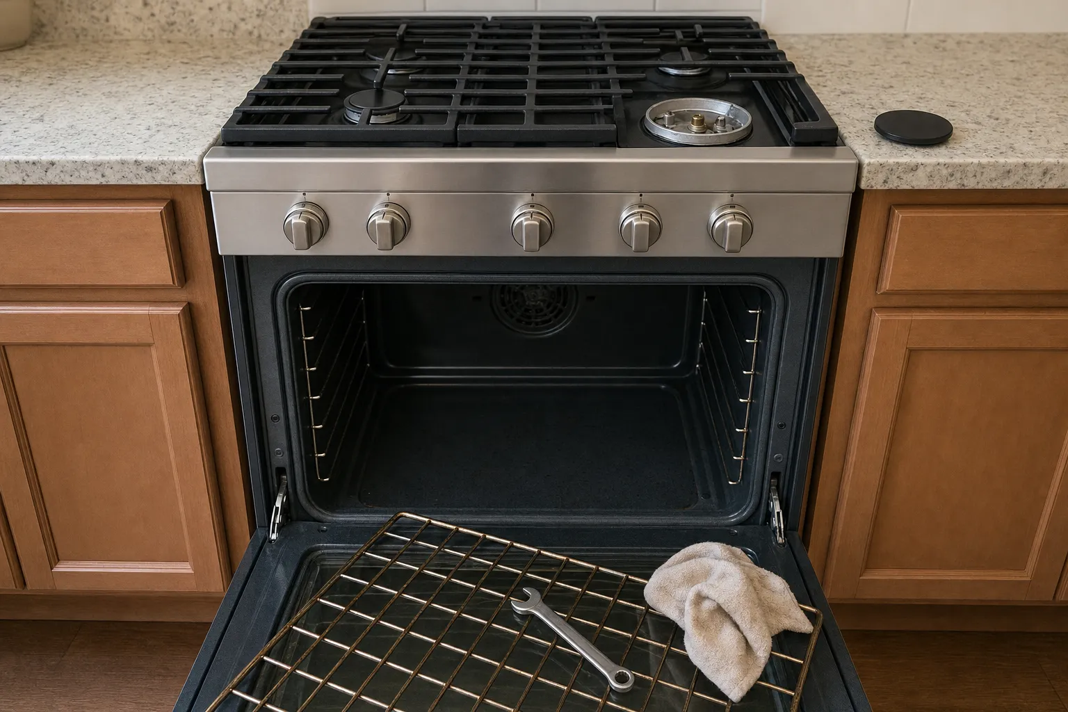 Gas range seen head-on between honey cabinets, oven open, a rack laid across the door with a wrench and a cloth on it