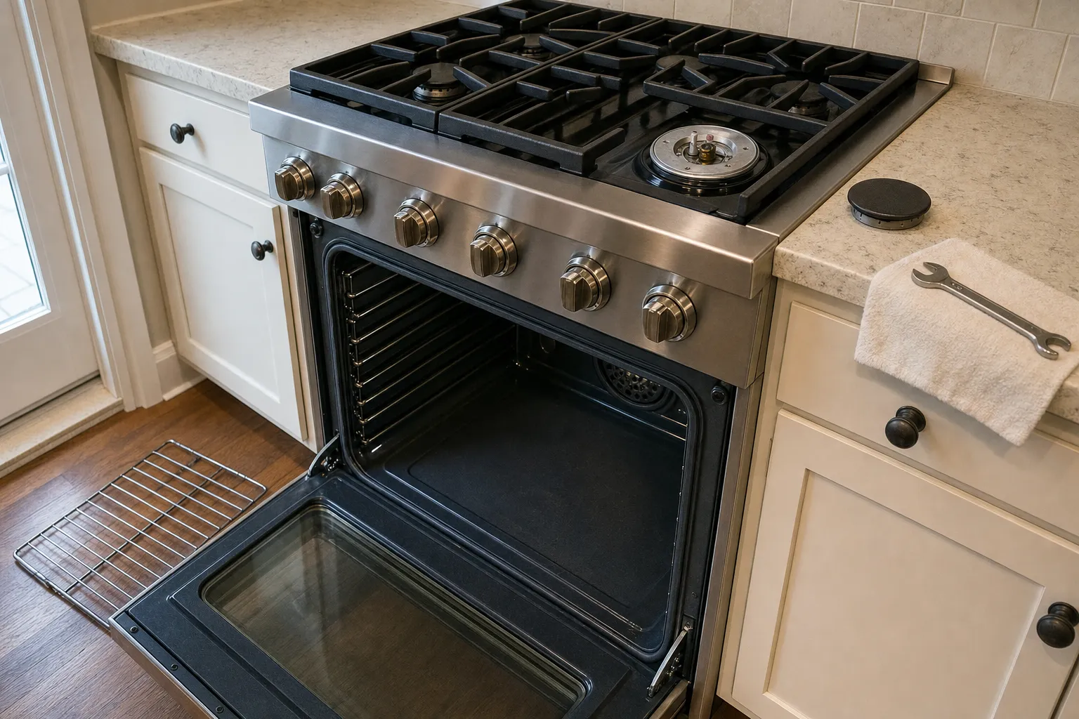Gas range in a cream kitchen beside a glazed door, one burner uncapped, the oven open and a wrench on a towel on the counter