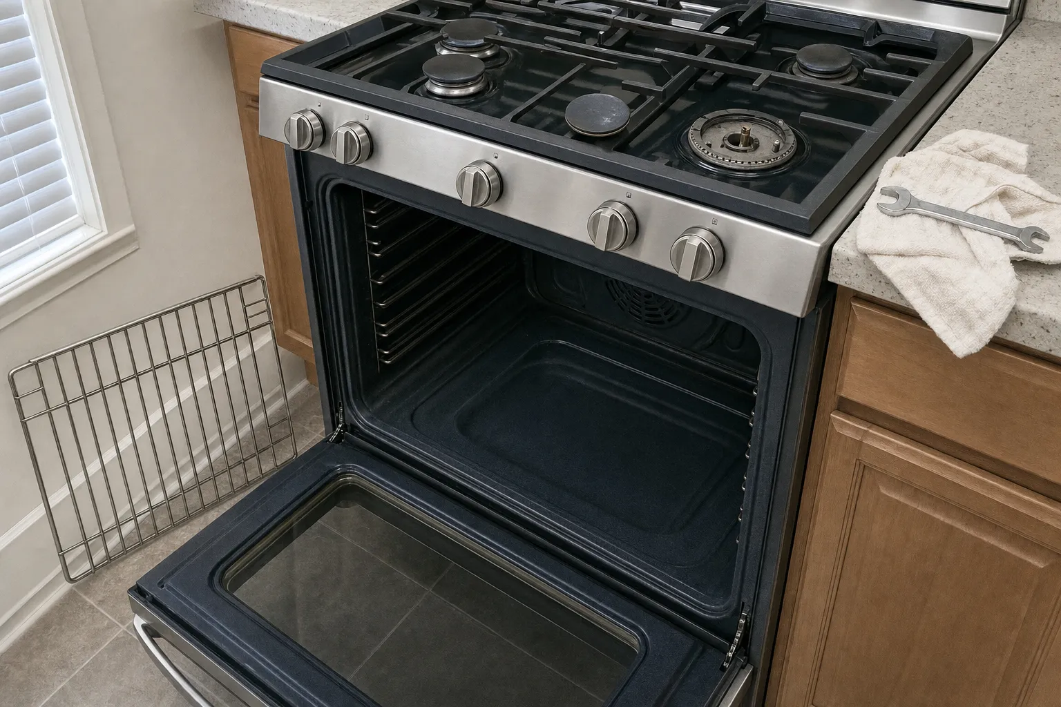 Gas range beside a window with blinds, one burner uncapped, the oven open, a rack leaning on the wall and a wrench on a towel